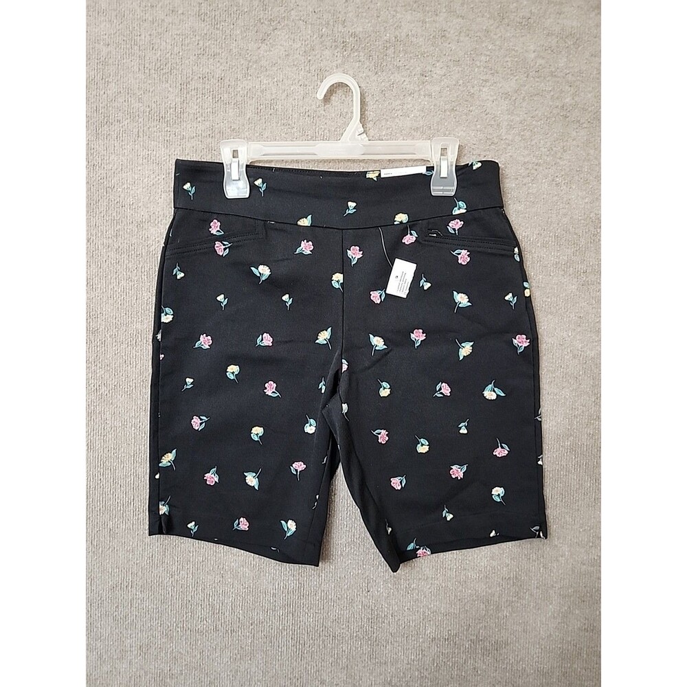 Croft Barrow Effortless Stretch Bermuda Shorts Womens 10 Petite Black Floral NEW - Picture 2 of 10
